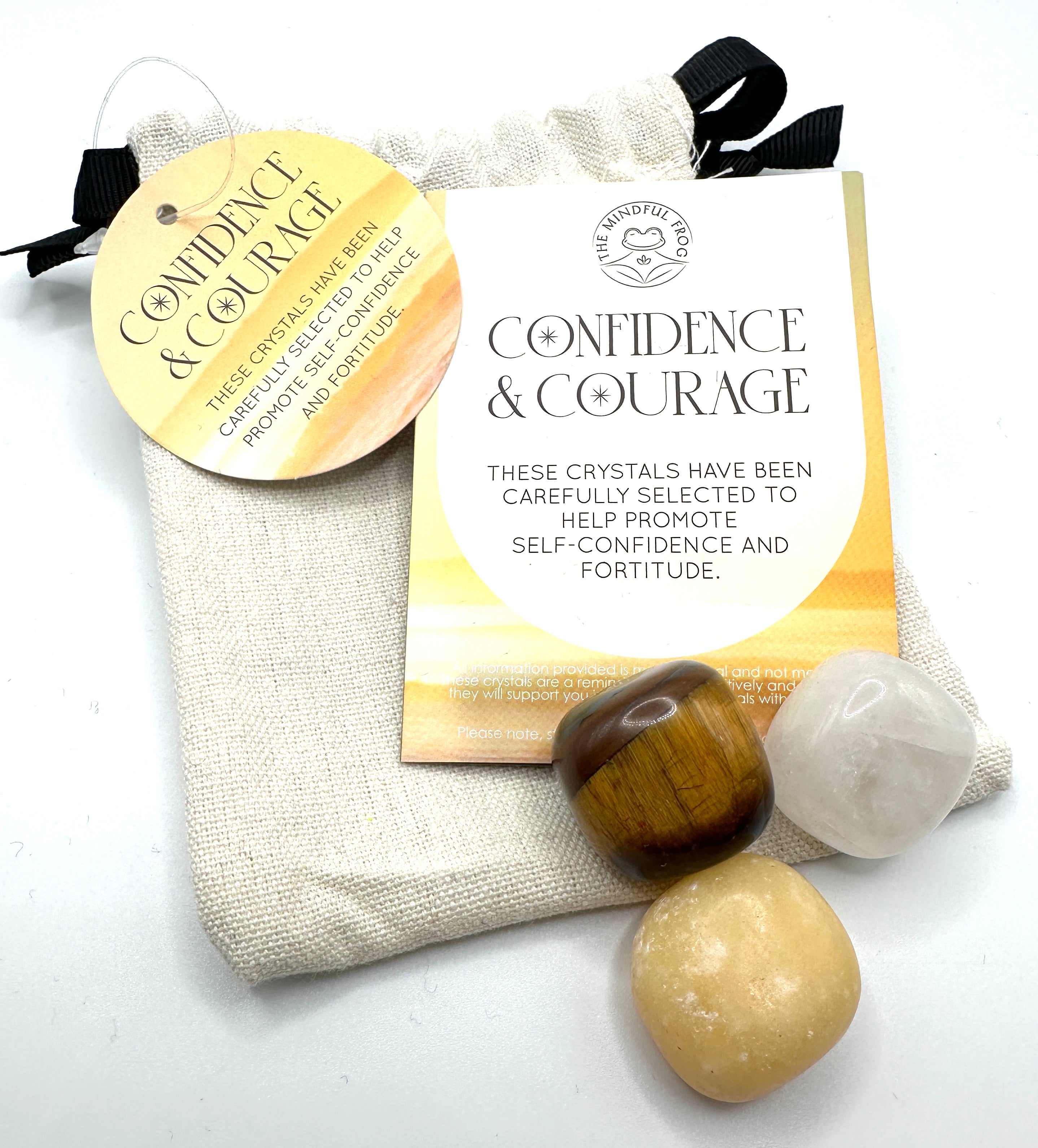 Krystaller for Selvtillit og Mot - Gavesett med Gul Jaspis, Bergkrystall og Tigerøye