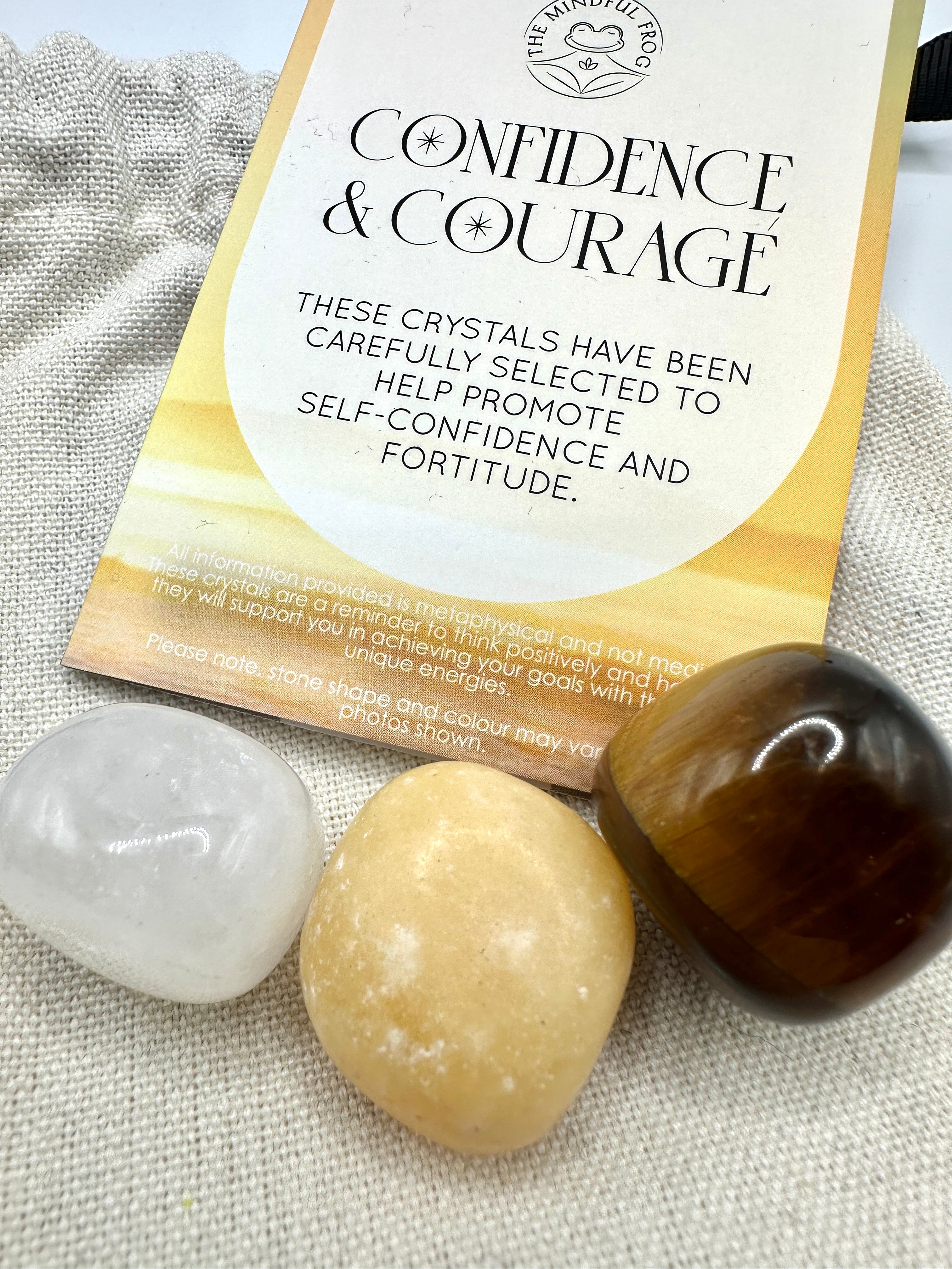 Krystaller for Selvtillit og Mot - Gavesett med Gul Jaspis, Bergkrystall og Tigerøye