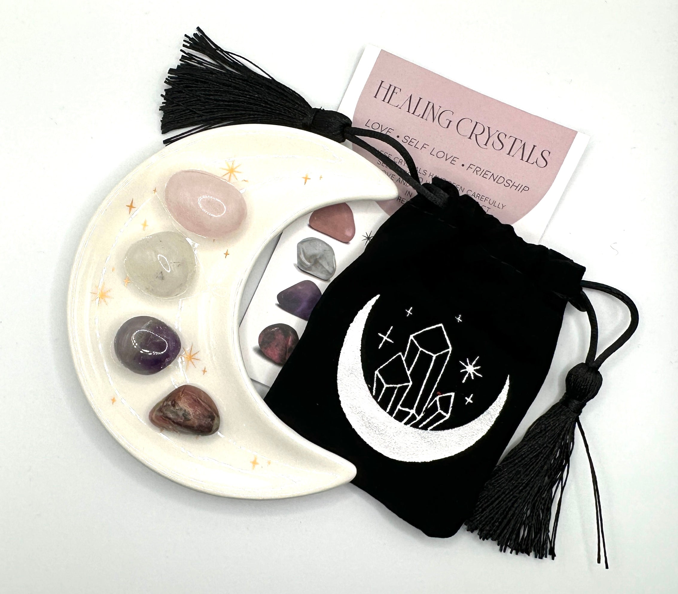 Krystallsett for selvtillit og kjærlighet - Måneskål med Rosenkvarts, Bergkrystall, Ametyst og Rhodonitt
