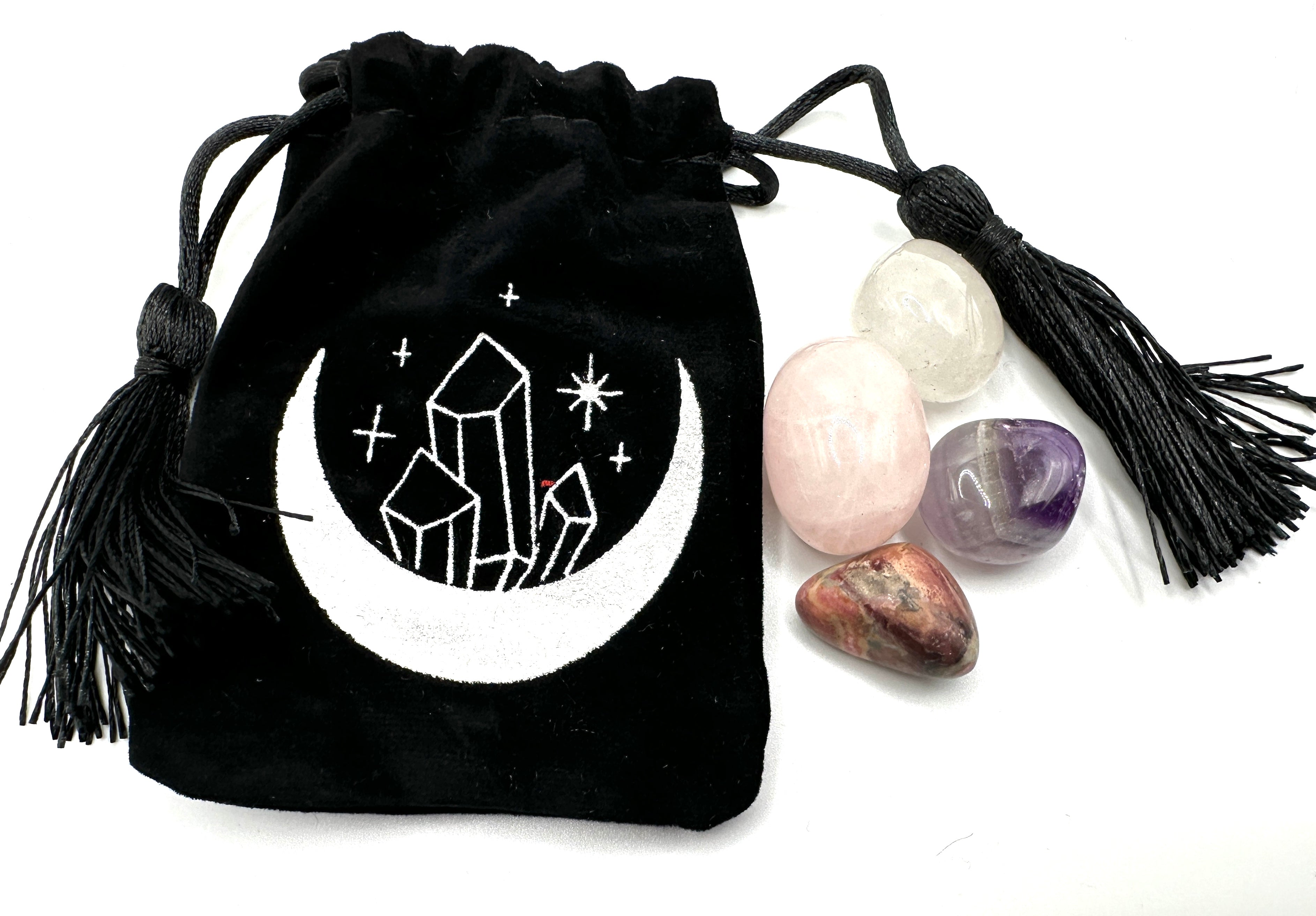 Krystallsett for selvtillit og kjærlighet - Måneskål med Rosenkvarts, Bergkrystall, Ametyst og Rhodonitt