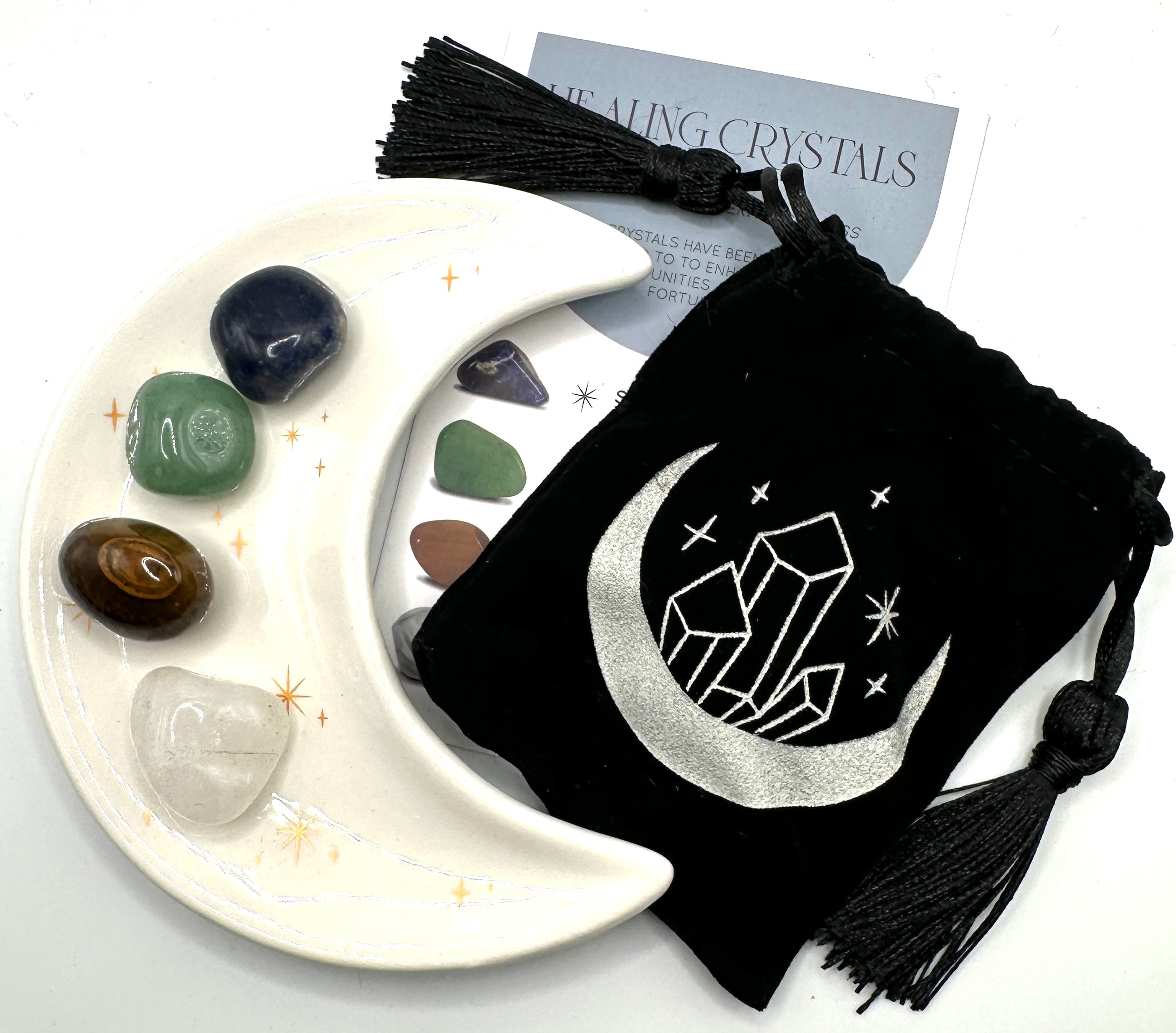 Krystallsett for velstand og suksess - Måneskål med Sodalitt, Aventurin, Tigerøye og Bergkrystall