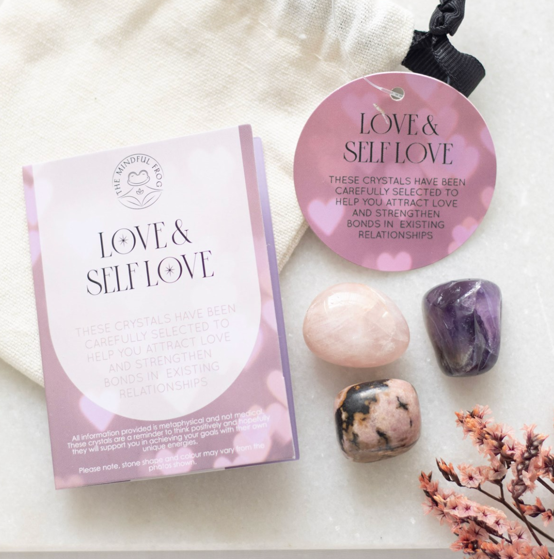 Krystaller for Kjærlighet og Selvhealing - Gavesett med Ametyst, Rhodonitt og Rosenkvarts