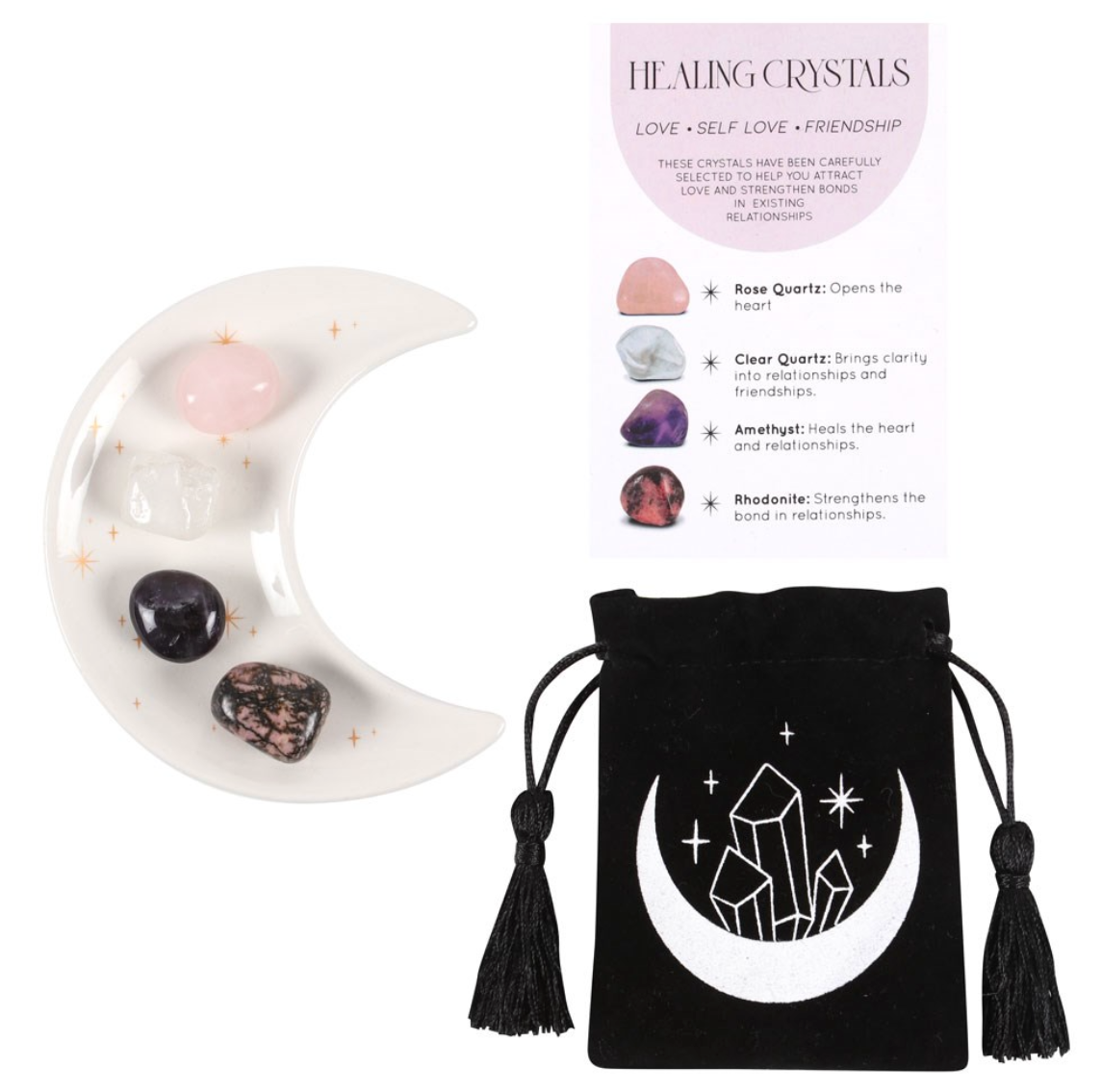Krystallsett for kjærlighetshealing  - Måneskål med Rosenkvarts, Bergkrystall, Ametyst og Rhodonitt