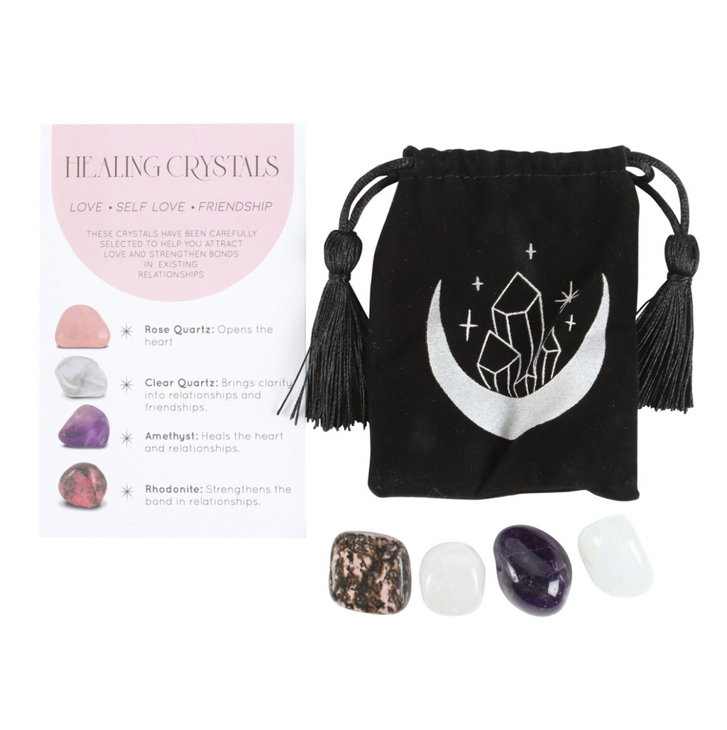 Krystallsett for kjærlighetshealing  - Måneskål med Rosenkvarts, Bergkrystall, Ametyst og Rhodonitt
