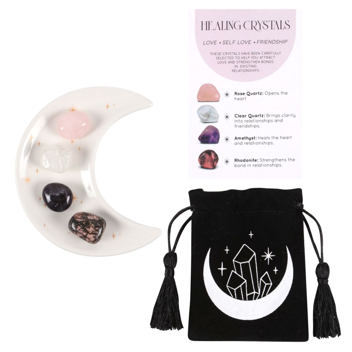 Krystallsett for selvtillit og kjærlighet - Måneskål med Rosenkvarts, Bergkrystall, Ametyst og Rhodonitt