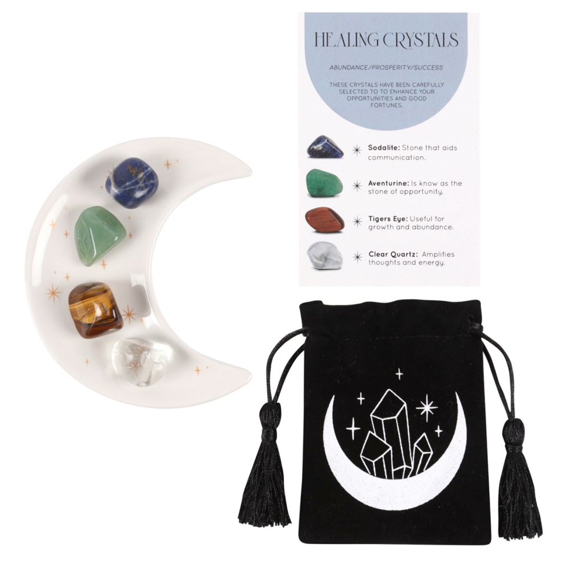 Krystallsett for velstand og suksess - Måneskål med Sodalitt, Aventurin, Tigerøye og Bergkrystall