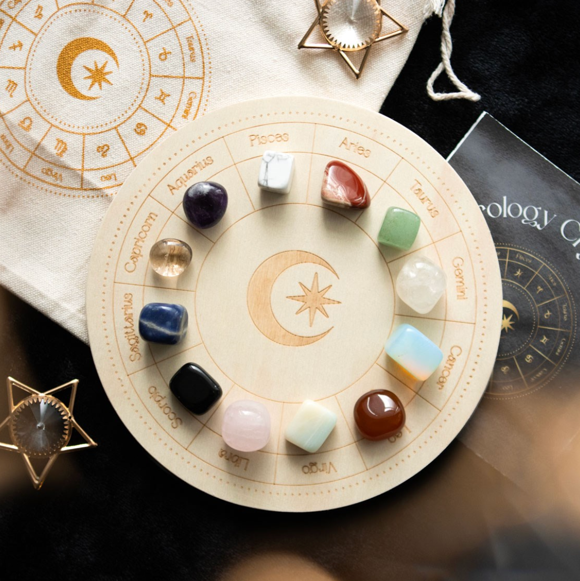 Astrologibrett - Stjernetegn Hjul og 12 steiner - Gavesett