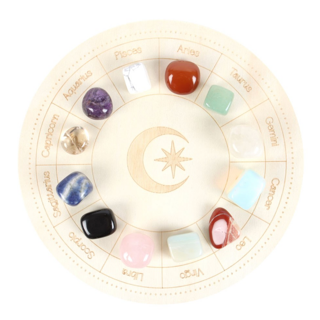 Astrologibrett - Stjernetegn Hjul og 12 steiner - Gavesett